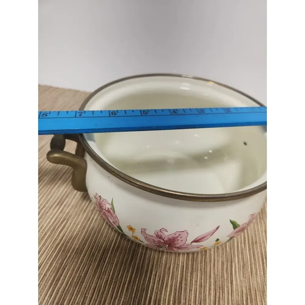 Vintage Normandy Taiwan Pink Lily Enamel Casserole Set w/ Lid Floral Cookware 2